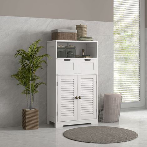 Armoire Salle de Bain - 2 Portes, 1 Étagère Réglable, 2 Tiroirs, 1 Niche, Blanc, 61x30,5x109,5cm
