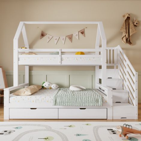 Litera infantil de 90x200 cm y 140x200 cm, 2 cajones, barandilla de seguridad y escalera de almacenamiento, de madera, sin colchón, blanco (1/5)