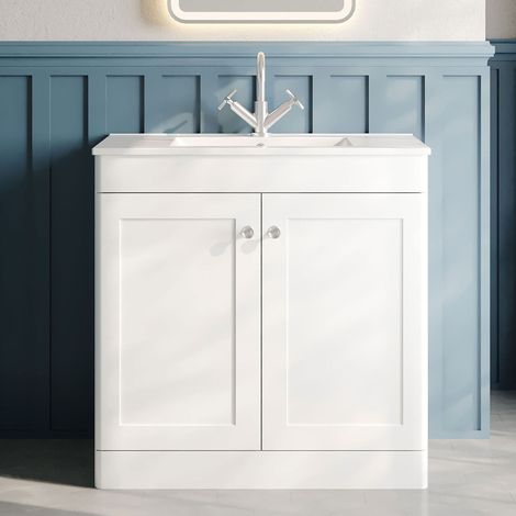 Nuie Classique Floor Standing 2-Door Vanity Unit with 1TH Minimalist Basin 800mm Wide - Satin White