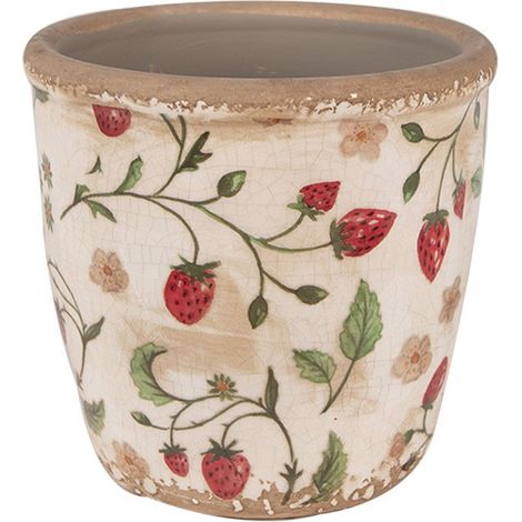 Pot de fleurs Fraises beige rouge céramique 14x13x13cm