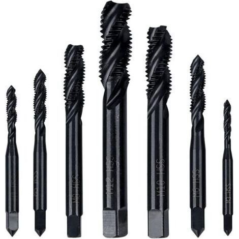 Jeu de 7 Tarauds à Filetage Hélicoïdal HSS Tarauds à Vis Cannelés Spirale Métrique Tarauds Assortiment M3 M4 M5 M6 M8 M10 M12 Outil de Taraudage de Filetage en Acier Rapide Revêtement en Nitru (1/5)