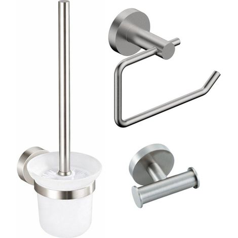 Fortifura Calvi Pack WC 3 pièces - porte-rouleau sans couvercle - brosse de toilette - crochet à serviette double rond - Inox brossé PVD (1/5)
