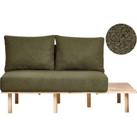 Sofá 2 plazas estilo Japandi estructura madera clara respaldo con mesa plegable tapizado de bouclé verde oscuro Salo (1/5)