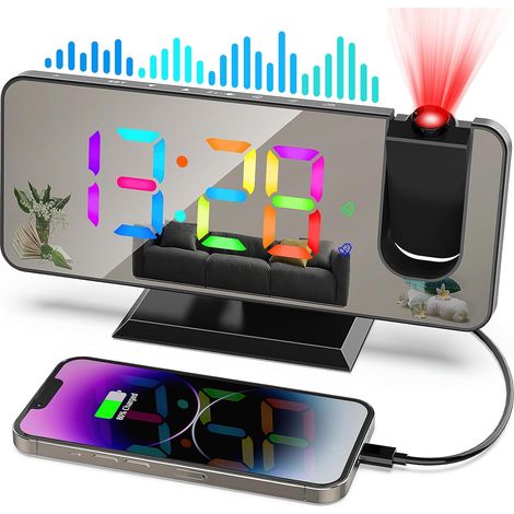 Radio réveil projecteur 7.4", horloge numérique USB, 5 niveaux de luminosité, double alarme, snooze, 12/24h, chambre (noir) (1/4)