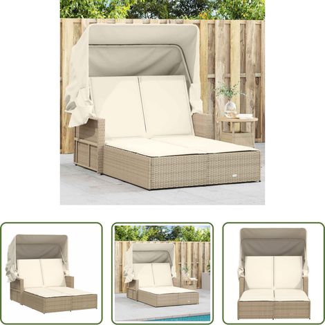 Chaise longue double - Chaise longue double avec auvent et coussins beige poly rotin (1/5)