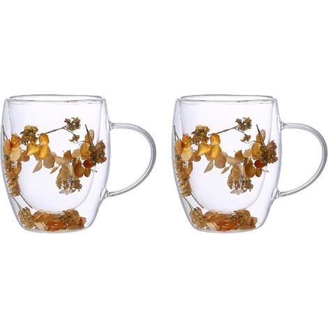 Lot de 2 Tasses à Thé Double Paroi en Verre Transparent et Or Motif Fleurs Dorées 350 ml - PANGIVO (1/3)