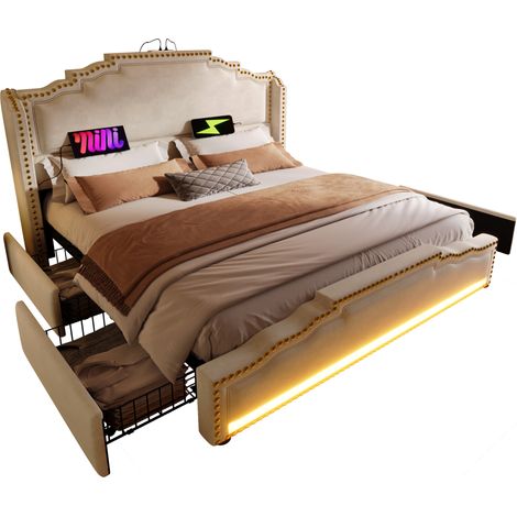 CHICFURN Cama tapizada 180x200 con 4 cajones, LED ambiental, puertos USB y Type-C, terciopelo beige con somier de láminas, almacenaje extra y estilo vintage (1/5)