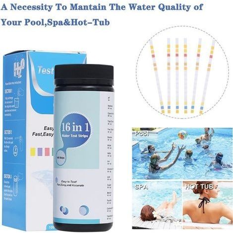 16-in-1 Schwimmbad-Teststreifen, 100 Teststreifen zur Prüfung von pH-Wert, Härte, Nitraten, Alkalinität usw. (1/2)