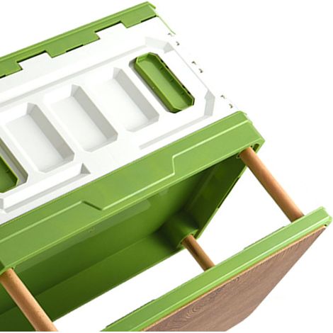 Caisse de camping empilable, grande capacité, 95 litres, avec couvercle en bois et plastique à trois couches, verte et blanche. (1/5)