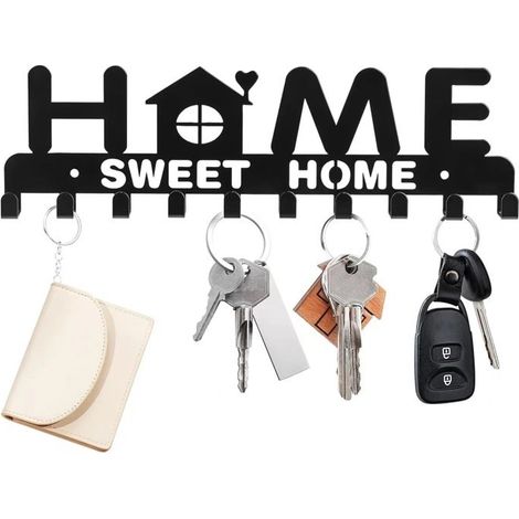 Porte-clés mural en métal noir Sweet Home, 10 crochets, fixation adhésive ou par vis, pour entrée, bureau ou couloir. (1/3)