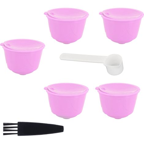 Ensemble de Capsules Réutilisables pour Machine à Café DOLCE GUSTO, 5 Capsules Lavables avec Cuillère et Brosse (Violet)