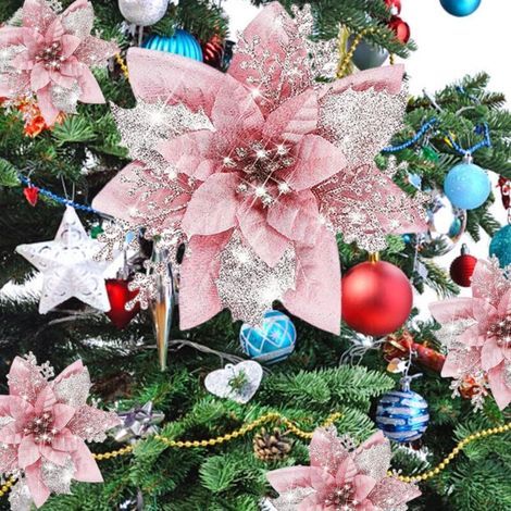 [JAMAIS UTILISÉ] Lot de 10 décorations de Noël, fleurs artificielles scintillantes avec clips, décorations pour sapin de Noël, pendentifs de fleurs artificielles (1/4)