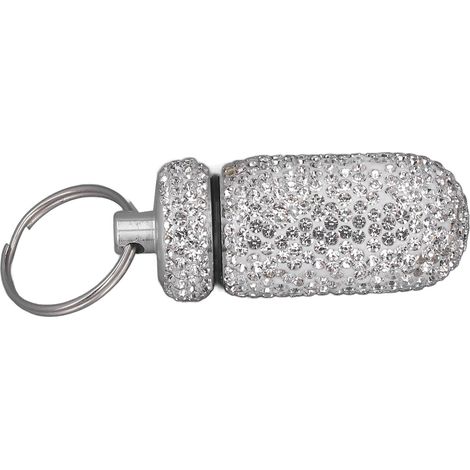Boîte de rangement pour capsules ornée de strass avec porte-clés, en alliage d'aluminium blanc, pour flacons de médicaments portables. (1/5)