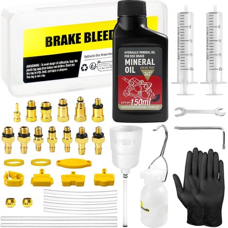Kit Purge Freins pour Shimano, Magura, Tektro à Disque Hydrauliques Vélos, Frein VTT avec Adaptateurs en Laiton et 150ML de Liquide -