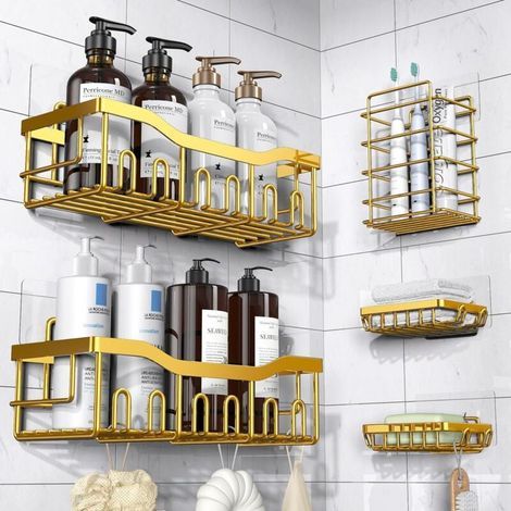 Duschregal ohne Bohren, 5-teiliges Badezimmer-Aufbewahrungsregal, Regal, Zubehör aus Edelstahl 304, goldene Duschaufbewahrung (1/4)