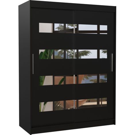 Armoire de chambre noir 2 portes coulissantes noir et miroirs horizontaux Bozika 150cm (1/5)