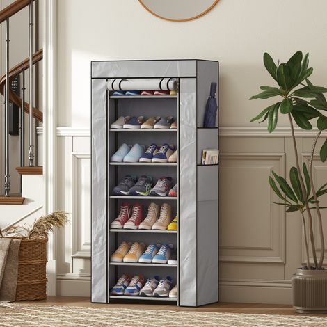 Étagère à chaussures à 7 niveaux, étroite, en acier avec revêtement en tissu non tissé, 2 poches pour 14 à 21 paires, grise (1/5)