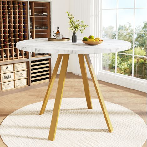 Table à manger ronde 80 x 80 x 75 cm, motif marbre blanc, pieds en métal doré, 4 personnes DESVIAE (1/5)