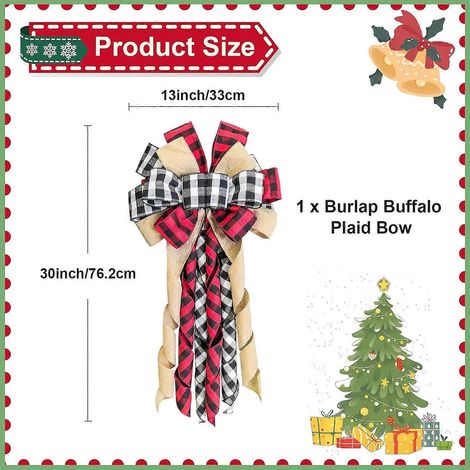 Großer, rot-schwarz karierter Weihnachtsbaumschmuck aus Büffel-Sackleinen (13 x 30 Zoll), Schleife, rustikaler Stil, für Kränze, Girlanden, Haustür. (1/4)