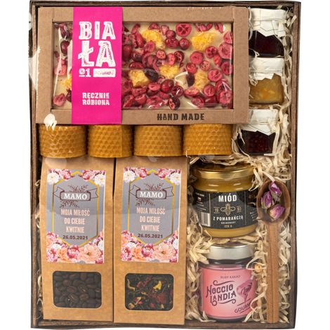 Confezione regalo grande per la festa della mamma, set per la mamma, candele, cioccolato bianco, miele (1/5)