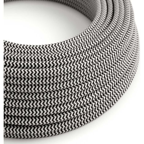 Creative-Cables, Cavo elettrico rivestito in tessuto, 2 x 0,75 mm², 50 m, ZigZag Nero Carbone-Bianco RZ04, Rotondo effetto seta