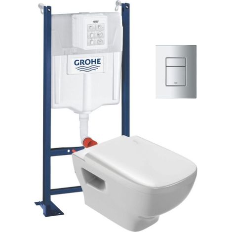 Inodoro suspendido sin borde Jacob Delafon Struktura + asiento + Estructura soporte + Mando WC Even Square cromado
