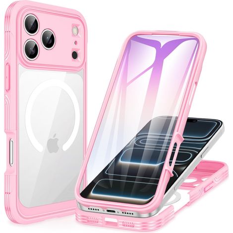 Magnétique Coque iPhone 17 Pro [Compatible avec MagSafe] intégré 9H Verre Trempé Protection écran et Protection Caméra, 360° Antichoc Téléphone Housse Double Face Case Intégrale Etui -Rose (1/5)