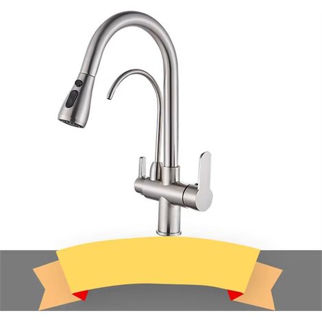 Robinet de cuisine, robinet à deux poignées sur plage, robinet d'évier de cuisine, mitigeur à deux becs pivotants (Nickel brossé) (1/5)
