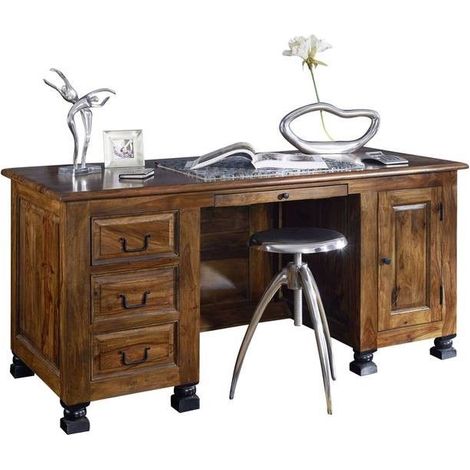 Schreibtisch Sheesham 150x70x75 braun lackiert NEW BOSTON 205Massivmoebel24