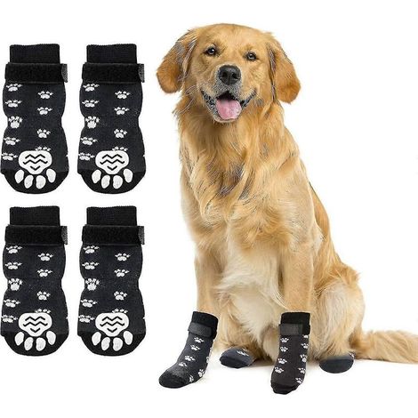 Chaussettes antidérapantes pour chiens (2 paires) - Douces et ajustables - Protection optimale des pattes - Chaussettes adhérentes avec sangle - Taille L - Noir (1/5)