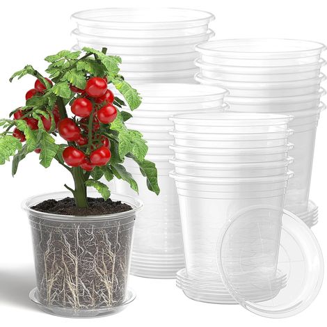 Lot de 20 Pots Transparents pour semis avec soucoupes, Pots en Plastique avec Trous de Drainage, idéaux pour l'intérieur et l'extérieur (10/13/15/18 cm) (1/5)