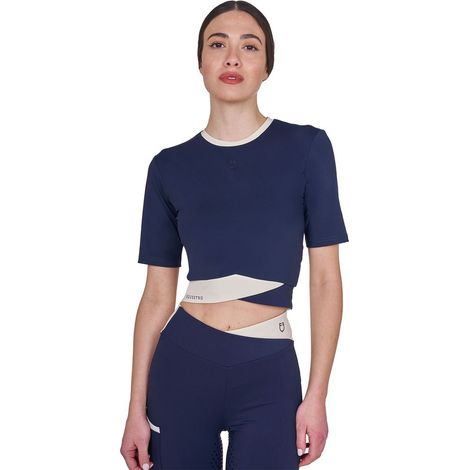 S, giallo Sunlight e bianco antico: T-shirt equitazione crop da donna realizzata in tessuto tecnico bicolore con girovita intrecciato (1/5)