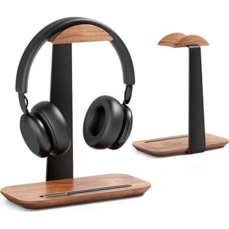 Supporto per cuffie in legno di noce con base contenitore, supporto da scrivania naturale per cuffie AirPods Max, Bose, Sony, gaming (1/5)