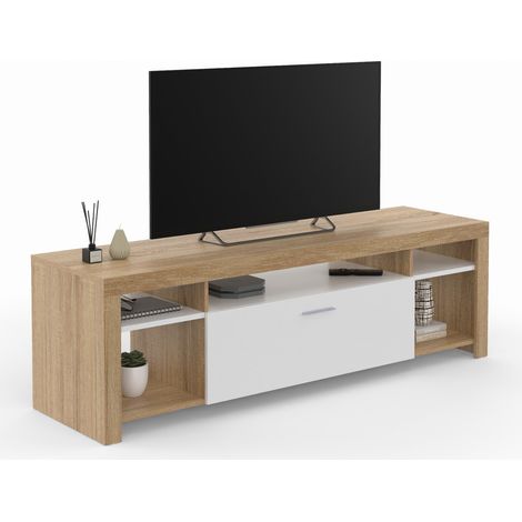 Idmarket – Meuble TV 140 cm MALO – Bois et placard blanc – Rangement fermé et 5 niches ouvertes – Idéal pour salons contemporains