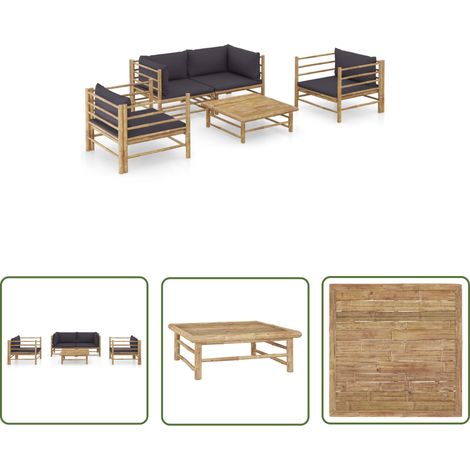 Salon de jardin meuble d'extérieur ensemble de mobilier 5 pièces avec coussins gris foncé bambou (1/5)