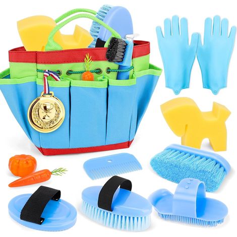Kit Toilettage Pansage Cheval 12Pièces avec Sac Rangement Enfant(Bleu) (1/5)