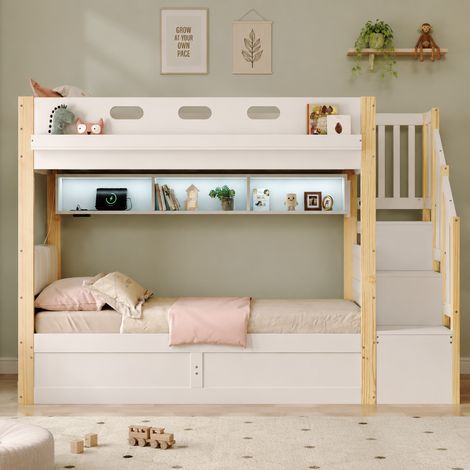 Lit superposé enfant 90x200 + 90x200cm avec LED, USB, escalier rangement, lit bas hydraulique, blanc (1/5)