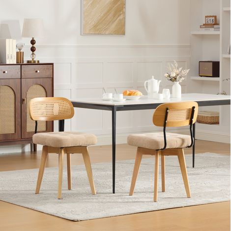 2er-Set drehbare Esszimmerstühle mit Rattanlehne und Chenille-Sitz, Khaki OKWISH (1/5)