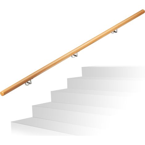 Relaxdays Pasamanos Escalera Rústica con Soportes, Madera de Haya, Natural, 200 cm
