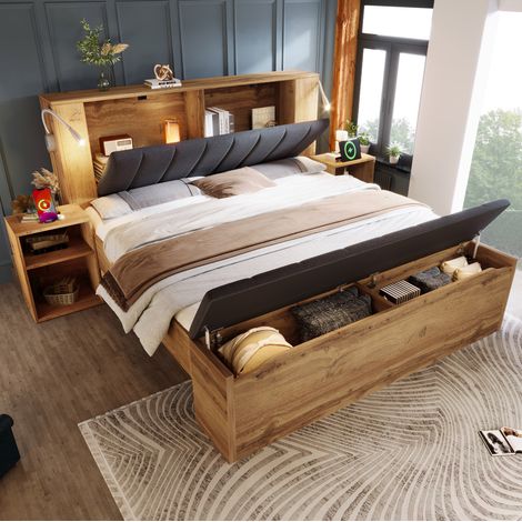 Lit double 160x200 cm avec lampe USB et rangements, bois, chêne (Avec matelas) (1/5)