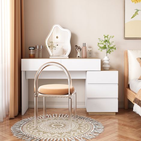 Bureau coiffeuse blanc aspect chêne avec 5 tiroirs, table de maquillage et meuble de rangement en panneau E1 pour chambre à coucher (1/5)