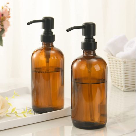 2 pcs Distributeur de Savon en Verre Ambré avec Lisse Pompe en Acier Inoxydable, 500ml (1/2)