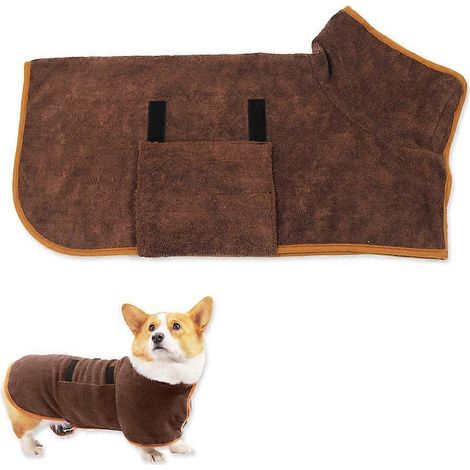 Peignoir de bain pour chien, en microfibre absorbante à séchage rapide, avec col et taille ajustables - Couleur café - Taille M (1/5)
