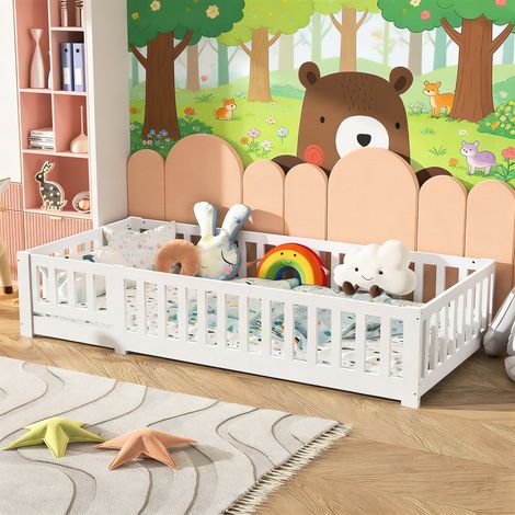 Lit Enfant 90x190 cm, Lit au Sol Montessori avec Barrière de Sécurité et Sommier à Lattes – Bois Massif de Pin – Idéal pour Chambre Garçon et Fille – Blanc