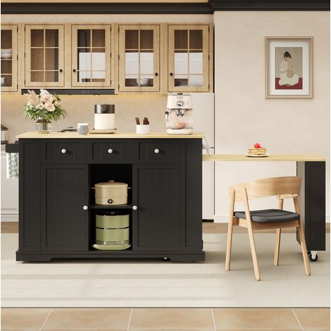 Isla de cocina móvil con mesa extensible, tomas y USB, 138-213 x 55 x 93 cm DESVIAE (1/5)