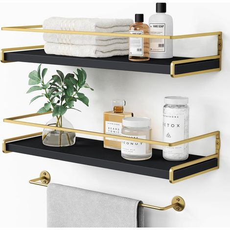 Schwarze und goldene schwebende Wandregale, Badezimmer-Wandregale über der Toilette, hängende Holzwandregale für die Küchen-Kaffeebar (schwarz und gold, 2er-Set) (1/5)