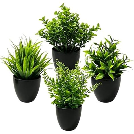 Lot de 4 plantes artificielles en pot, fausses plantes en pot pour la décoration d'étagères, balcon, bureau, salle de bain (noir) (1/5)