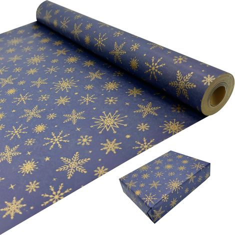 Papier cadeau de Noël pour emballage cadeau : rouleau de papier kraft bleu avec flocon de neige doré 43 cm x 15 m. (1/5)