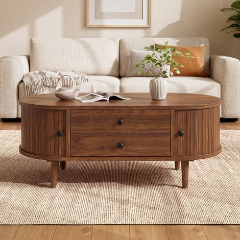 Table basse ovale 100 x 50 x 40 cm portes coulissantes à lattes verticales 2 tiroirs MDF pieds pin massif rangement salon déco chic