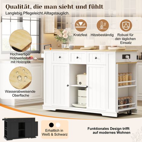 Îlot de cuisine mobile, desserte de cuisine avec table à manger extensible, table de bar escamotable, 7 roues, étagères de rangement, étagères réglables, 138 (213) x 55 x 93 cm (1/4)